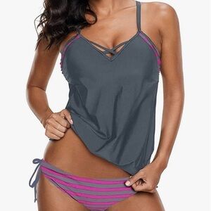 (2X)- Bdcoco Womens Two Piece Striped Double Up Tankini Sets Swimwear‎